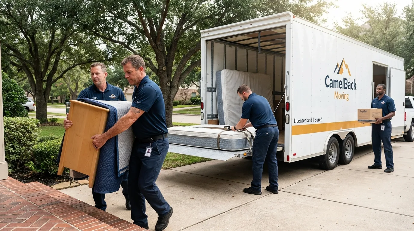 Crew loading residential truck for cross-state move from Corcoran, CA