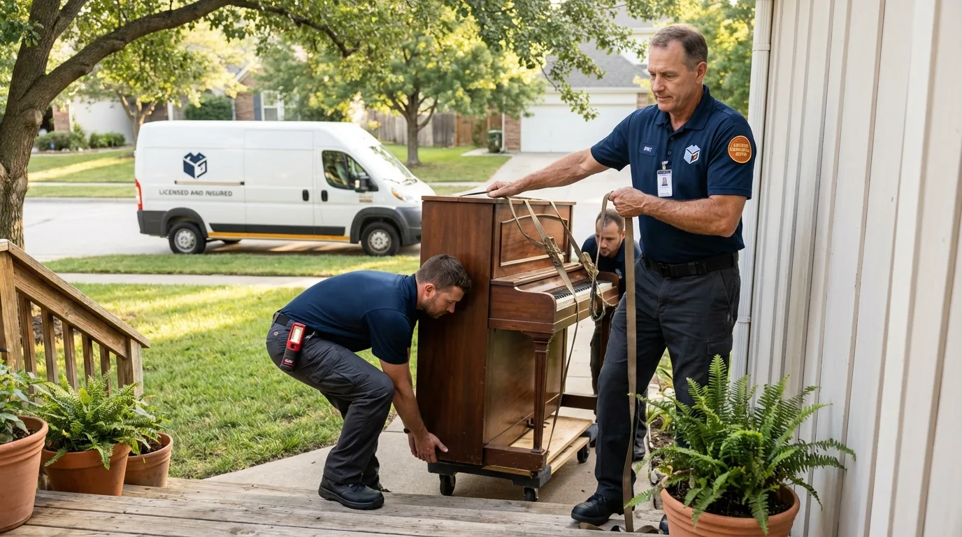 Licensed piano movers securing grand piano in Corcoran, CA