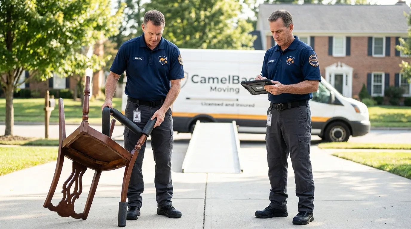 Movers inspecting furniture for damage prevention before loading in Corcoran, CA