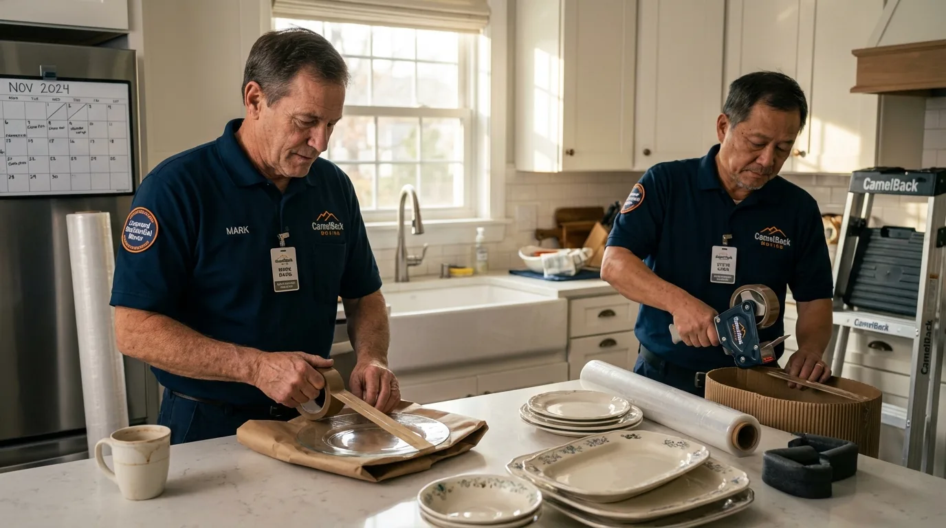 Professional crew packing kitchen dishware in Corcoran, CA